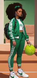 black girl in green pants holding an orange ball,an african american female in sportswear stands with a neon green ball