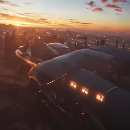 several cars are parked near each other on the field