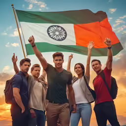 people are holding a indian flag on a beach