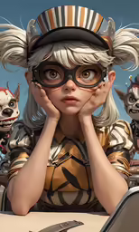 an illustration of a girl in costume with a creepy face