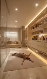 a person is laying down on the floor of a room