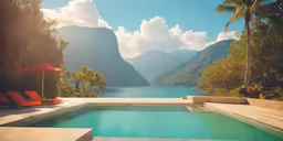 the pool is surrounded by an exotic lake