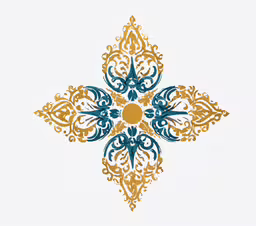 the decorative cross design is drawn with blue, gold and white ink,blue and gold ornate pattern on white background