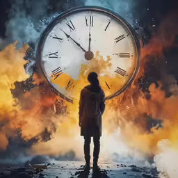a person standing in front of a clock with fire and clouds in the background