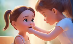 two small girls are making faces at each other