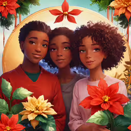 three children are standing close together with large red flowers,three girls with short hair and a poinsetti hanging from the wall