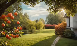 a grove of trees surrounding a grassy garden