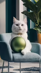 a cat holding onto a green ball on a blue chair