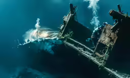 an old ship is covered by a shark with huge mouth