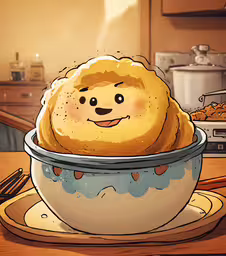 a smiling bowl filled with fried foods next to a toaster,a cartoon is shown with a bowl of food