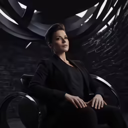 a woman sitting in a chair with a black dress on