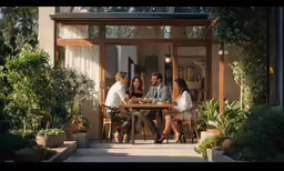 four people having lunch in front of an enclosed patio