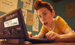 the woman looks surprised at the small electronic device