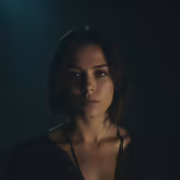a woman with dark hair looks into the camera