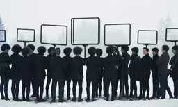 a group of people stand holding a large group mirror
