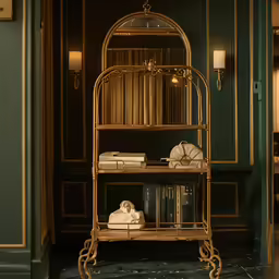 a room with two bookshelves that has a cage with many things on it
