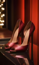 a pair of red high heels with the reflection of lights