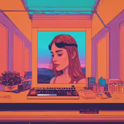 a woman in sunglasses sits at a desk with a keyboard,a girl looks at herself in the mirror while she