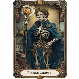 a picture of the skeleton king holding a ball and a gold crown