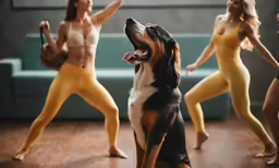 a dog on a wood floor with dancers in the background