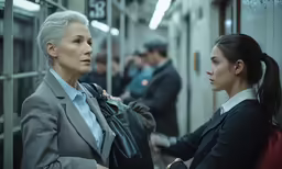 an older woman in business attire looking at another women
