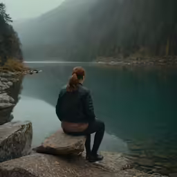 a woman sitting on top of a rock near a lake