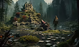 a person walking in the forest looking at a horse and rider
