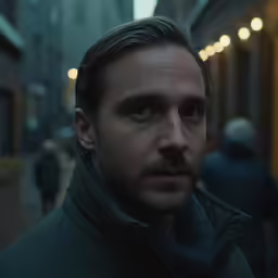 a man with a long haircut wearing a jacket and standing in an alley