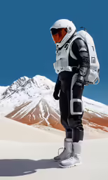 the man stands with his helmet on and arms behind his back, which is covered in snow