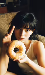 a woman on the couch showing off her doughnut