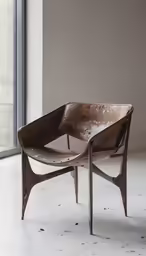 a modern wooden chair sitting in front of a window