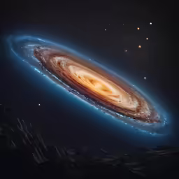 a bright light shining on the center of a large, glowing galaxy