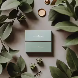 a box containing flowers, a candle and leaves