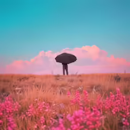a person with an umbrella standing in a field