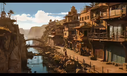 a mountain city overlooking a river and a bridge