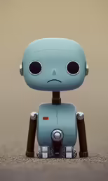 a blue robot with white and black buttons in front of a gray background