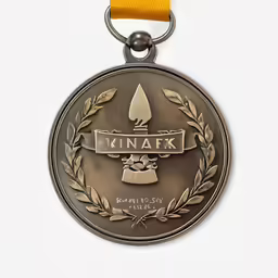 an old metal medal with gold ribbon