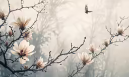 a single bird is flying over a branch with flowers