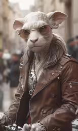 a cat wearing glasses sitting on the back of a motorcycle