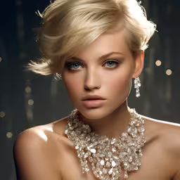 a beautiful woman with blond hair wearing pearls,a woman in a choker with jewelry on her neck