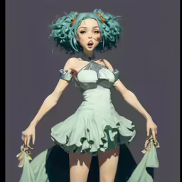the artwork in this picture depicts an asian woman with blue hair, wearing a green dress, heels, and a light green head band