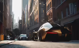 the front end of a sports car parked on a street with other cars in the background