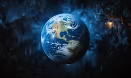 the earth spinning toward the moon in a black and blue background