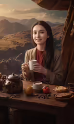 a girl with a cup of coffee is on a wooden table