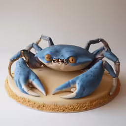 a blue and white crab sculpture sitting on a table
