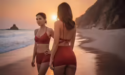 the women are walking along the beach and having fun