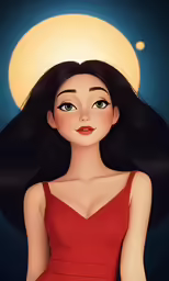 a woman with long hair wearing a red dress