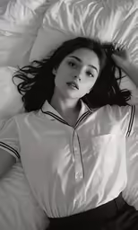 black and white photograph of young lady laying on bed