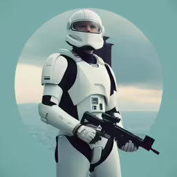 the star wars character in the background is holding a gun