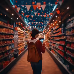 a woman walking through a store holding a phone